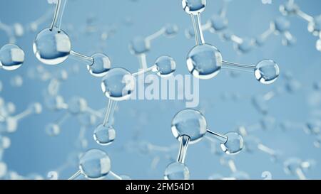Wassermoleküle. Wissenschaftlicher oder medizinischer Hintergrund mit Molekülen und Atomen. 3d-Rendering Stockfoto