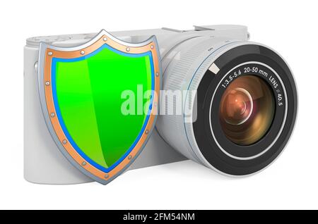 Spiegellose Digitalkamera mit Schirm, 3D-Rendering isoliert auf weißem Hintergrund Stockfoto