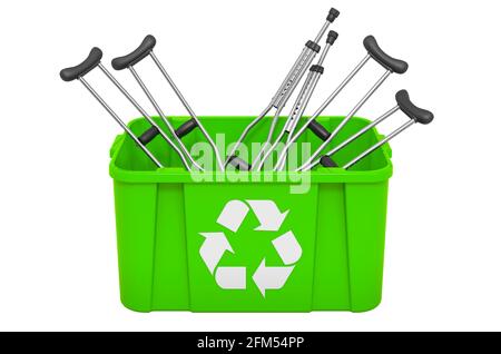 Recycling-Papierkorb mit Unterarmkrücken. 3D-Rendering auf weißem Hintergrund isoliert Stockfoto