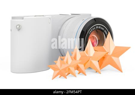 Bewertung des Konzepts der spiegellosen Digitalkameras. Digitalkamera mit fünf goldenen Sternen, 3D-Rendering isoliert auf weißem Hintergrund Stockfoto