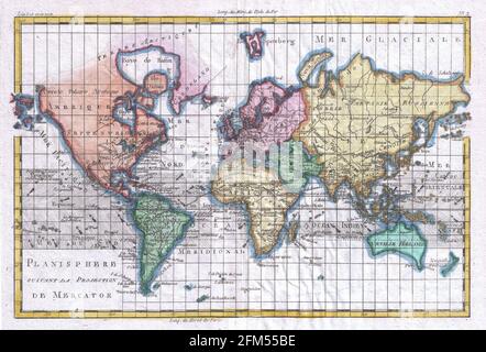 Historische Kupferstich-Landkarte der Welt aus dem 18. Jahrhundert. Alle Karten sind wunderschön farbig und illustriert und zeigen die Welt zu dieser Zeit. Stockfoto