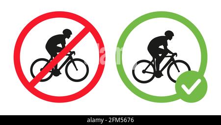 Radfahren verboten und Fahrrad fahren erlaubt Vektor flache Illustration isoliert auf weißem Hintergrund. Radfahrer fahren auf Fahrrad-Symbol in durchgestrichenen roten Kreis, in grünen Kreis. Radfahren erlaubt und verboten. Stock Vektor
