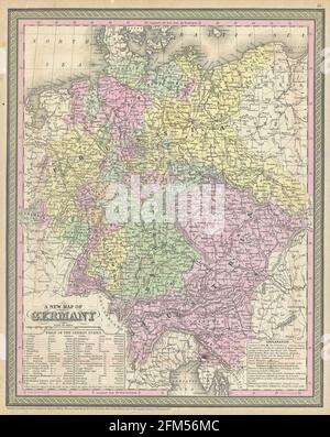 Kupferstich-Kupferstich-Landkarte von Deutschland aus dem 19. Jahrhundert. Alle Karten sind wunderschön farbig und illustriert und zeigen die Welt zu dieser Zeit. Stockfoto