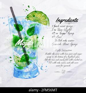 Mojito Cocktails gezeichnet Aquarell Blots und Flecken mit einem Spray, einschließlich Rezepten und Zutaten auf dem Hintergrund der zerknittertes Papier Stock Vektor