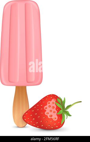 Rosa Eiscreme mit Popsicle Stick. Realistische Erdbeere isoliert auf weißem Hintergrund. Stock Vektor