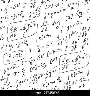 Physik Formeln handgeschriebenes Vektormuster, abstrakter nahtloser Hintergrund, handgezeichnete Gleichungen isoliert auf weißem Hintergrund, wissenschaftlich, Bildung BA Stock Vektor