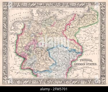 Historische Kupferstich-Landkarte von Preußen aus dem 19. Jahrhundert. Alle Karten sind wunderschön farbig und illustriert und zeigen die Welt zu dieser Zeit. Stockfoto