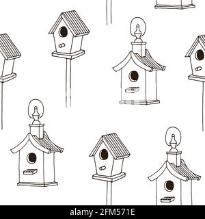 Vogelfutterhäuschen Vektor nahtloses Muster, handgezeichnete Skizze isoliert auf weißem Hintergrund Stock Vektor