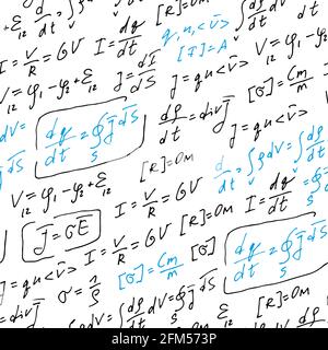 Physik Formeln handgeschriebenes Vektormuster, abstrakter nahtloser Hintergrund, handgezeichnete Gleichungen isoliert auf weißem Hintergrund, wissenschaftlich, Bildung BA Stock Vektor