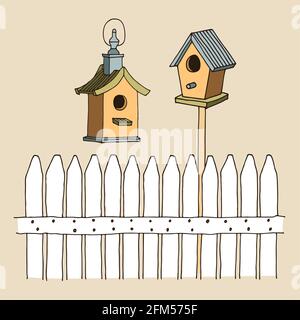 Vektordarstellung von Zaun und Vogelfutterhäuschen, handgezeichnete Skizze isoliert auf weißem Hintergrund Stock Vektor