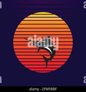 Vektor von blauen Marlin Fisch auf Sonnenuntergang Hintergrund. Segel Fisch springen aus dem Wasser Unternehmen Logo Illustration Design Stock Vektor