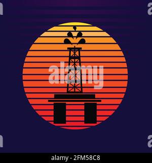 Vektor der Offshore-Ölplattform auf Sonnenuntergang Hintergrund. Öl- und Gasunternehmen Silhouette Logo Illustration Design Stock Vektor