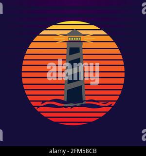 Vektor von Leuchtturm auf Meer und Sonnenuntergang im Hintergrund. Maritime Navigation Firma Logo Illustration Design Stock Vektor