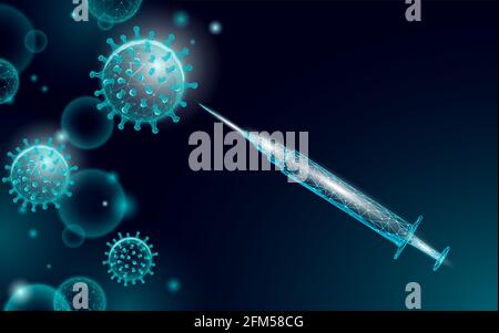 Covid-19 Impfkampagne. Injektionsimpfstoff-Spritze mit niedrigem Poly-Design. Sicherheitsoperation zur Sensibilisierung für Pandemien. Vektor zur Prävention von Coronavirus-Behandlungen Stock Vektor
