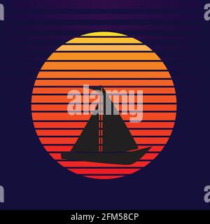 Vektor von Segelboot auf Sonnenuntergang Hintergrund. Segelschiff Transport Silhouette Unternehmen Logo Illustration Design Stock Vektor