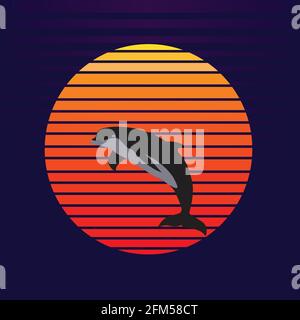 Vektor von Delphin auf Sonnenuntergang Hintergrund. Delphin springt aus dem Wasser Unternehmen Logo Illustration Design Stock Vektor