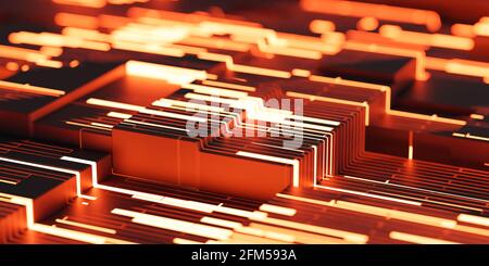 Computer Micro High Technology Hardware-Platine mit roter Beleuchtung 3d-Renderdarstellung Stockfoto