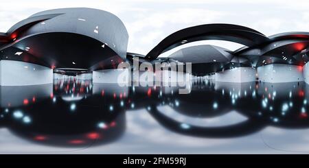 360-Grad-Rundpanorama mit futuristischem Sci-Fi-Design Gebäude Innenraum mit Sky 3d rendern illustraatrion hdri hdr vr Stil Stockfoto