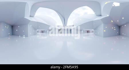 360-Grad-Vollpanorama mit moderner weißer futuristischer Technologie Concept Building interior 3d Rendering Illustration hdri hdr vr style Stockfoto