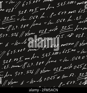 Handgeschriebener abstrakter Text und Zahlen vektorieren nahtlose Muster, Vektor monochrome Schrift isoliert auf Tafel Hintergrund, Mathematik und Buchhaltung Stock Vektor