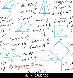 Handgeschriebenes trigonometrisches Vektor-nahtloses Muster, handgezeichnete monochrome mathematische Formeln isoliert auf weißem Hintergrund, mathematisch, geometrisch Stock Vektor