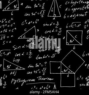 Handgeschriebenes trigonometrisches Vektor-nahtloses Muster, handgezeichnete monochrome mathematische Formeln isoliert auf schwarzem Hintergrund, mathematisch, geometrisch Stock Vektor