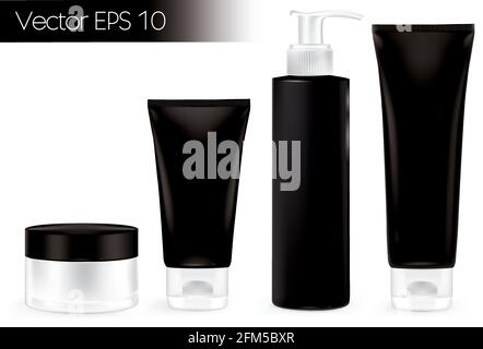 Verpackungsbehälter schwarz Farbe, Verpackung Creme, Beauty-Produkte-Set. Stock Vektor