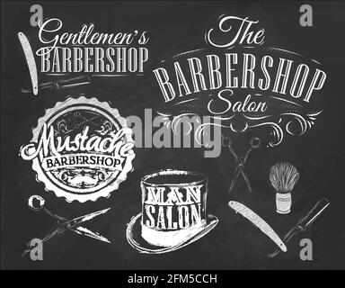 Set Barbershop, Schere, Rasierpinsel, Rasierer, Zylinder, im Retro-Stil und stilisierte Zeichnung mit Kreide. Stock Vektor