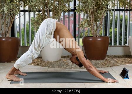 Junger brasilianischer Mann, der mit dem Kopftelefon in der nach unten schauenden Yogaposition des Hundes einen Online-Yoga-Kurs macht. Stockfoto