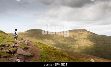 Asiatische Inderin, die allein in den walisischen Hügeln wandert und in Richtung Pen Y Fan, Brecon Beacons, Wales, Großbritannien, schaut Stockfoto