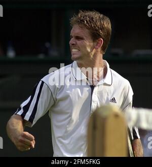 Jan Michael Gambill Tennisspieler der USA, 2000. Juni nach dem Sieg gegen Lleyton Hewitt aus Australien in den Herreneinzel, First Round Match in Wimbledon. Gambill gewann 6-3, 6-2, 7-5 Stockfoto