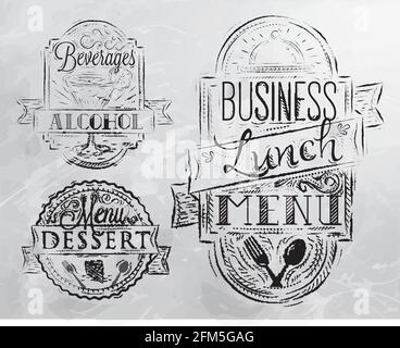 Elemente zum Thema des Restaurants Business Lunch stilisiert Eine Kohlezeichnung auf einer Tafel im Retro-Stil Stock Vektor