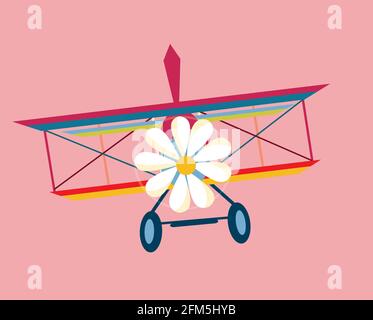 Illustration eines Flugzeugs mit einem Propeller als Gänseblümchen, isoliert auf einem rosa Hintergrund Stock Vektor