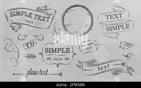 Designelemente in grauer Farbe. Stilisierte Zeichnung auf dem Brett, Schachtel, Etikett, Muster, Dekoration, Band, Pfeil, Empfangsdesign, auf grauem Hintergrund Stock Vektor