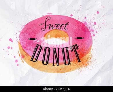 Donut bemaltes Aquarell-Poster mit Schriftzug Sweet Donut in Papier Stock Vektor