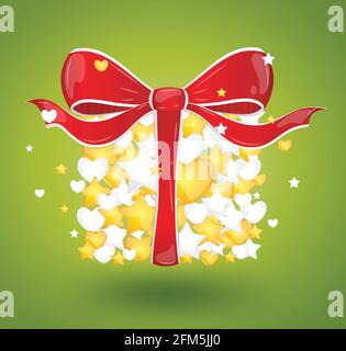 Geschenk von Herzen und Sternen mit roter Schleife Ein grünes Hintergrund Symbol Weihnachten Stock Vektor