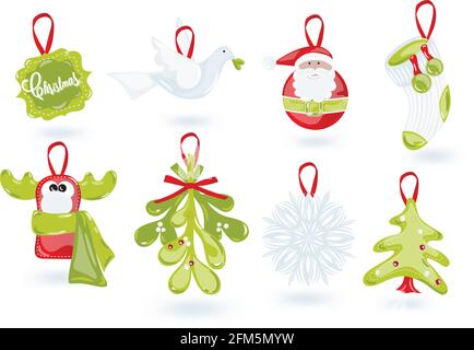 Symbole mit Weihnachtsspielzeug Weihnachtsmann, Rentier, Weihnachtsbaum, Socken, Schneeflocke, Perücke Amelie Bänder mit Anhänger Stock Vektor