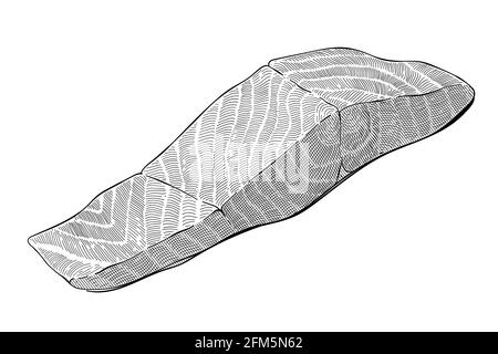Lachsfilet-Illustration, nordatlantik-Fischfilet, Omega-3-Quelle, gesunde Meeresfrüchte, handgezeichnete Kunst im Gravurstil, Schwarz-Weiß-Tintenvektor Stock Vektor