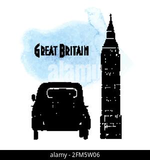 Rotes altes Auto und Elizabeth Tower in London Vektor-Illustration, handgezeichnete Retro-Automobil auf Aquarell-Hintergrund mit Silhouette von Big Ben und tex Stock Vektor