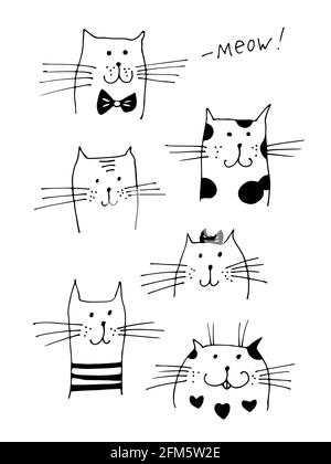 Katze Gesichter Vektor Illustration, Katzen Sammlung mit Text Meow isoliert auf weißem Hintergrund Stock Vektor