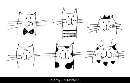 Katze Gesichter Vektor-Illustration, handgezeichnete Katzen Sammlung isoliert auf weißem Hintergrund Stock Vektor
