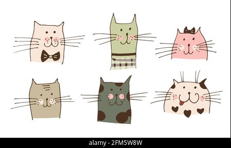 Katze Gesichter Vektor-Illustration, handgezeichnete Katzen Sammlung isoliert auf weißem Hintergrund Stock Vektor