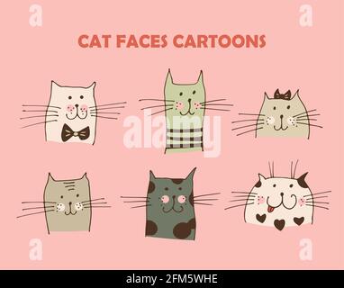 Katze Gesichter Vektor-Illustration, handgezeichnete Katzen Sammlung isoliert auf rosa Hintergrund Stock Vektor