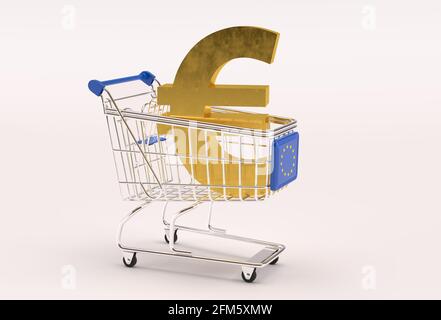 Supermarkt Warenkorb mit großen goldenen Euro Währung 3D gefüllt 3D-Darstellung von Symbolen Stockfoto