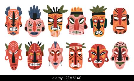 Tribal african hölzerne Totem Maske Vektor Illustration Set. Cartoon Tiki Maske, aborigine Gesicht hölzerne ethnische Kunst Skulptur, rituelle Stamm Symbole, ethno indigene Volkskultur Afrikas isoliert auf weiß Stock Vektor