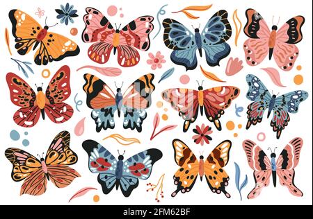 Schmetterling fliegende Set Vektor-Illustration. Cartoon bunte handgezeichnete Schmetterlinge fliegen Sammlung mit niedlichen Motten Flügel und Insekten, stilisierte Frühling Sommer Blumen, Flora Blätter isoliert auf weiß