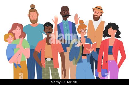 Moderne Gesellschaft Konzept, Menge von Menschen Vektor-Illustration. Cartoon multikulturelle internationale Mann Frau Charaktere Gruppe, Freunde, Familie mit Kind zusammen stehen, Bevölkerung isoliert auf weiß Stock Vektor