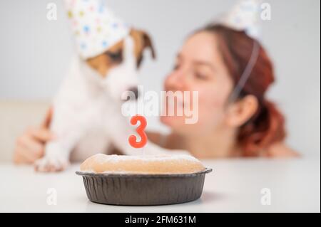 Kaukasische Frau und Jack russell Terrier in Urlaubsmützen betrachten den Kuchen mit einer Kerze. Der Hund und der Besitzer feiern den dritten Geburtstag. Stockfoto