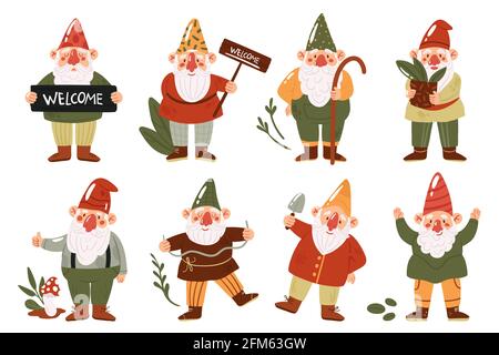 Niedliche Garten-Gnome oder Zwerge Vektor-Illustration-Set. Cartoon lustige Mythos Märchenfiguren mit Hüten Sammlung, kleine Gnome oder Trolle Garten, halten Pilz, Pflanztopf isoliert auf weiß Stock Vektor