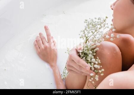 Abgeschnittene Ansicht einer Frau, die in Milch badete, während sie Gypsophila-Blüten hielt, verschwommener Vordergrund Stockfoto